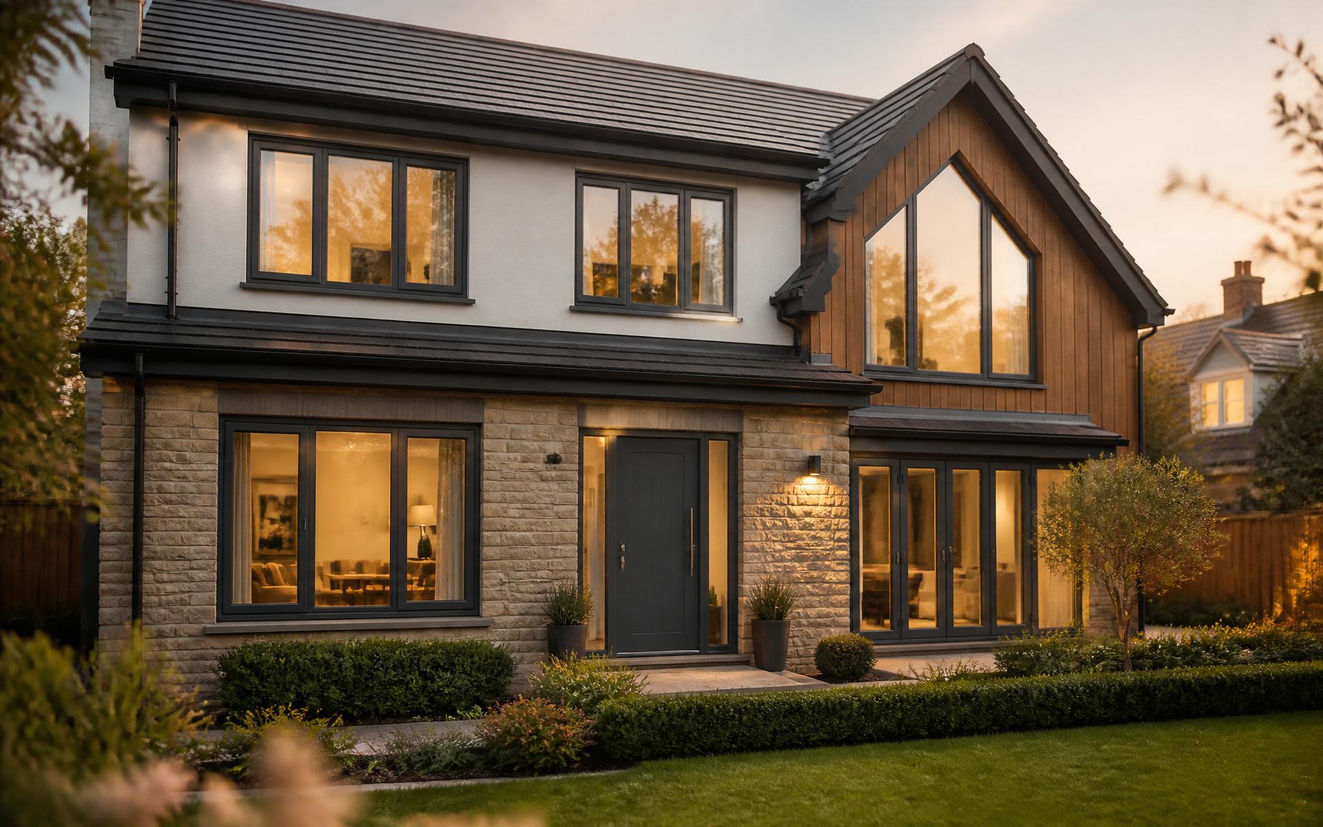 Modern British home fitted with anthracite grey aluminium windows and a composite front door at dusk